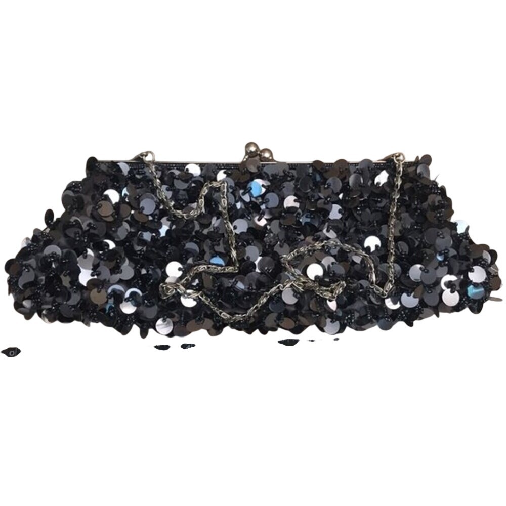 Vintage Y2K black sequin beaded clutch cocktail purse evening bag with chain - Picture 7 of 11